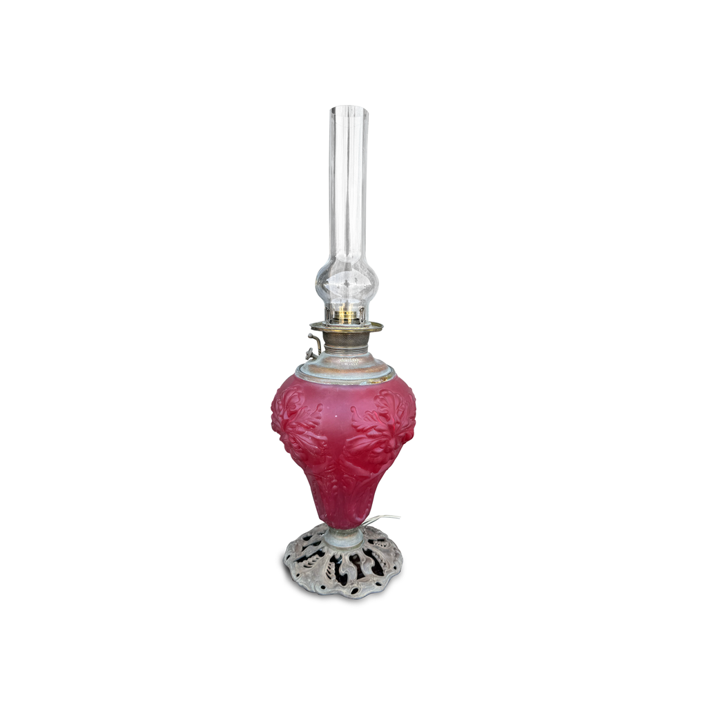 Antique American Lamp Juno Banquet Lamp with red molded glass, Electrified