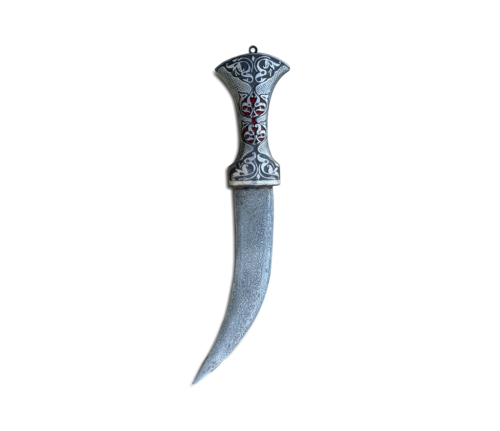 Antique Arabian Jambiya Khanjar Dagger Silver Inlaid Hilt & Scabbard, Pattern Welded Damascus Blade, Calligraphic Cartouche