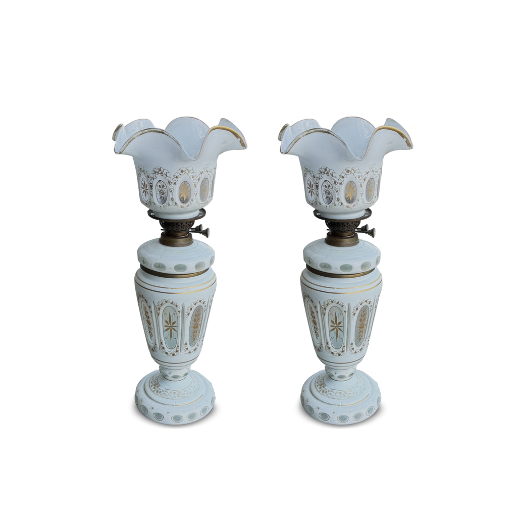 Pair of Antique Opaline Glass Oil Lamps