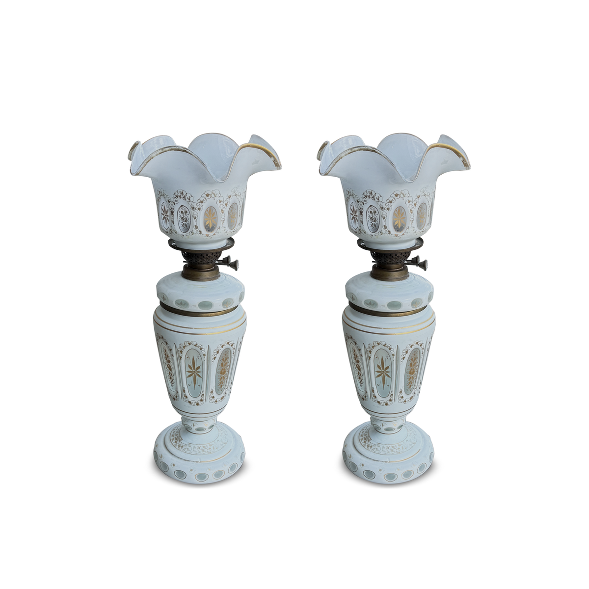 Pair of Antique Opaline Glass Oil Lamps