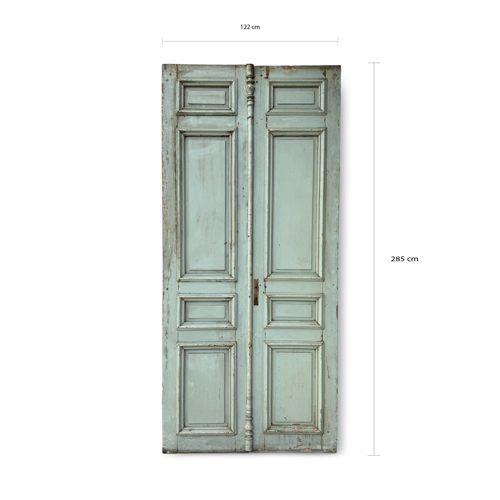 Large Antique Double Pine Wood Door  Raised Panel, Aged patinated turquoise green