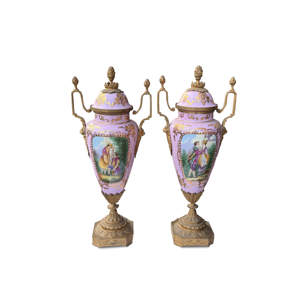 Pair of French Sèvres Style Pink Porcelain & Gilt Metal Covered Urns  Late 19th Century