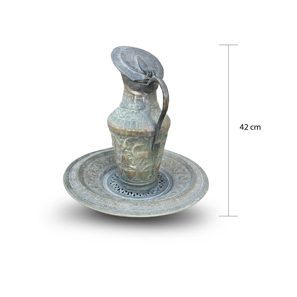 Persian Engraved Red Copper Ewer & Basin, Qajar Style