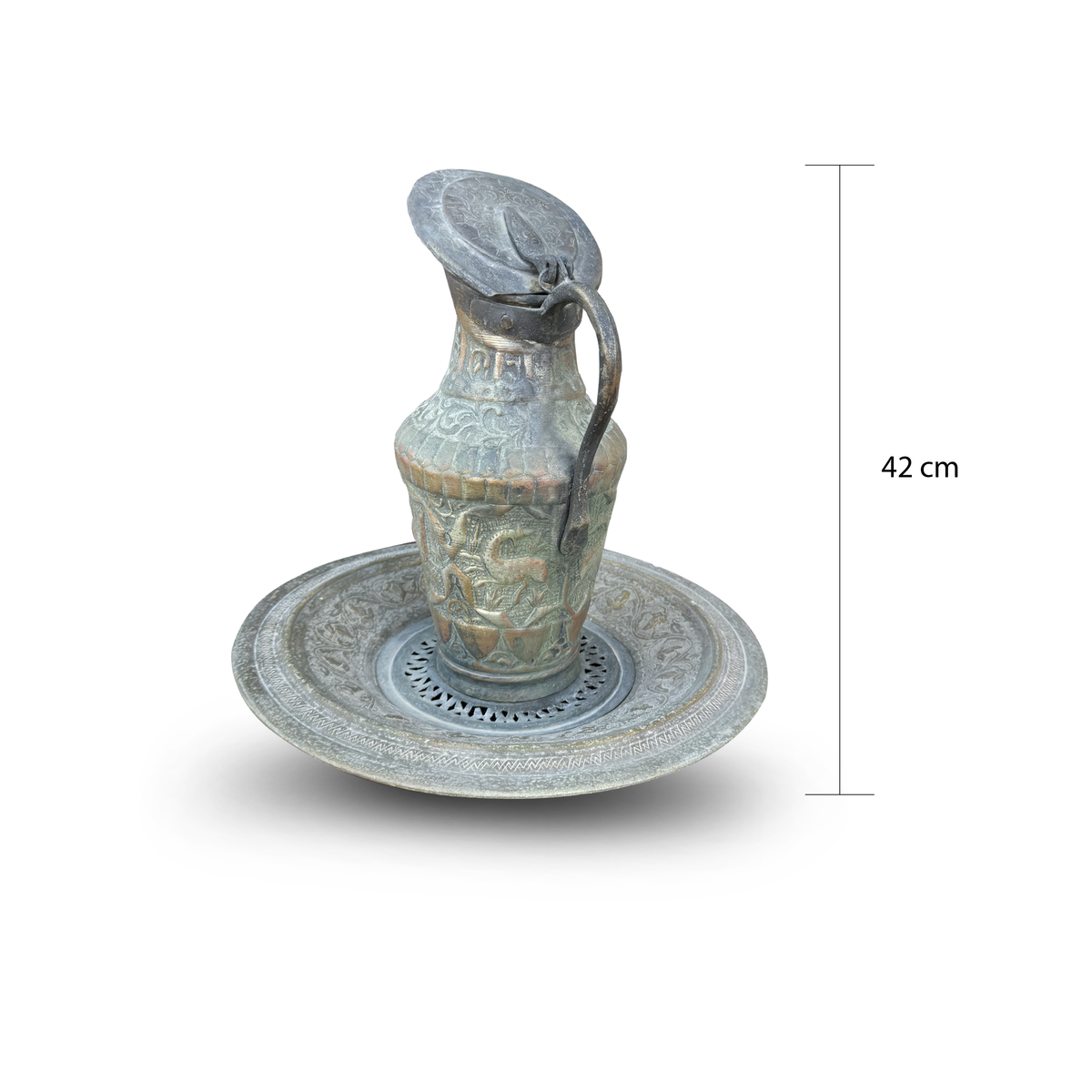 Persian Engraved Red Copper Ewer & Basin, Qajar Style
