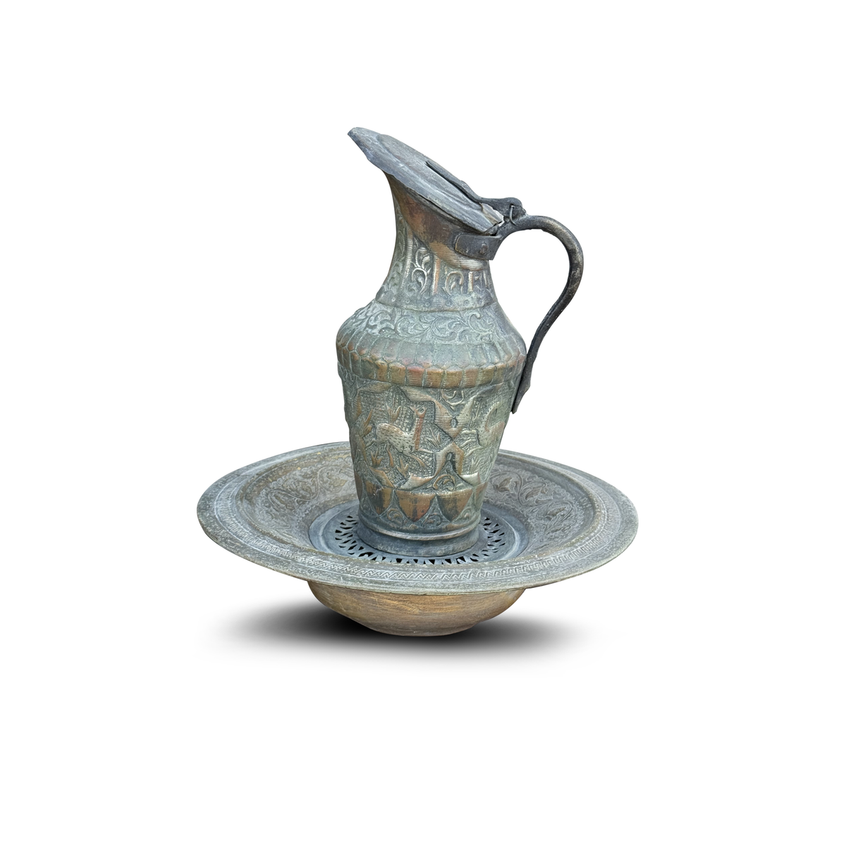 Persian Engraved Red Copper Ewer & Basin, Qajar Style