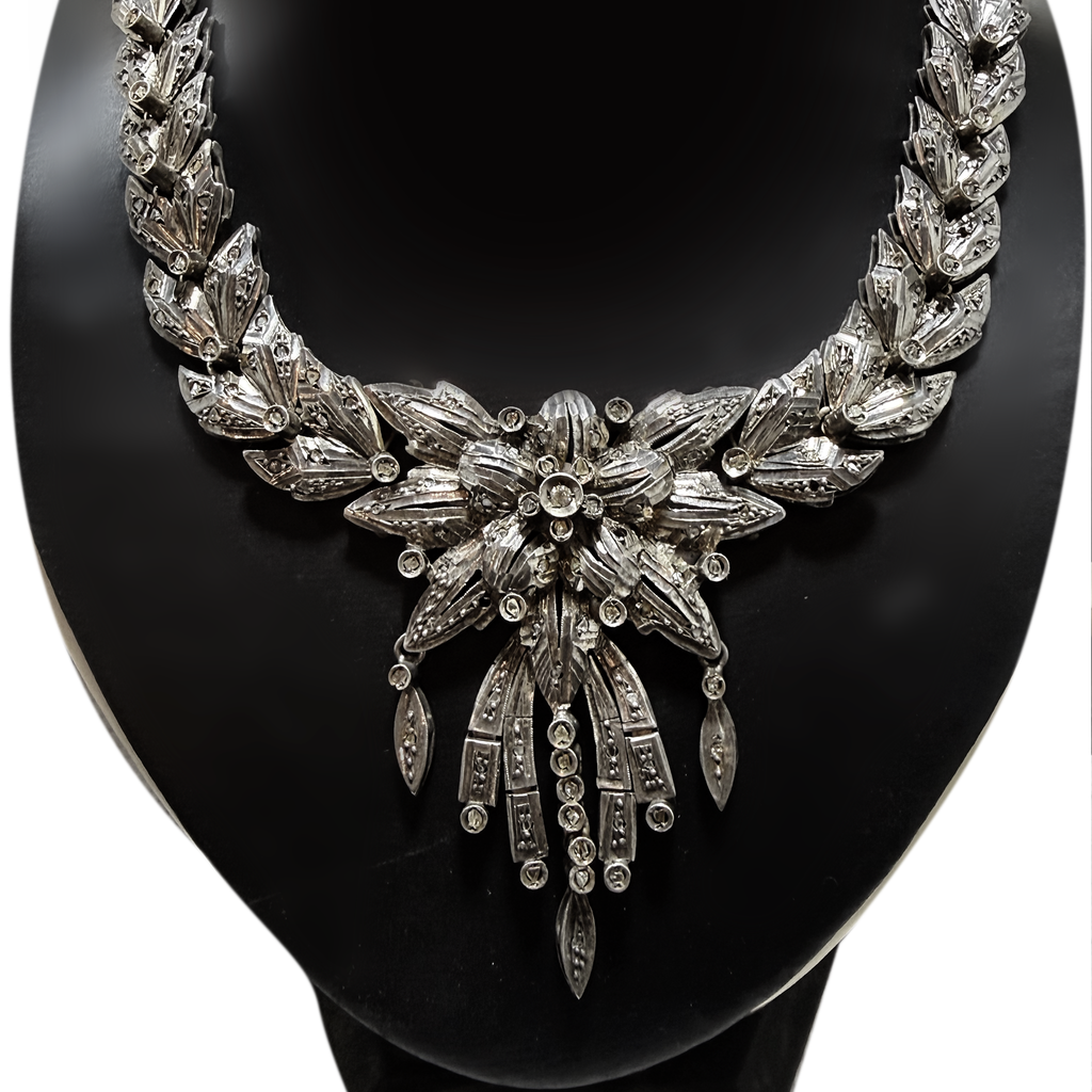 Antique Silver Floral Statement Necklace with Paste Stones