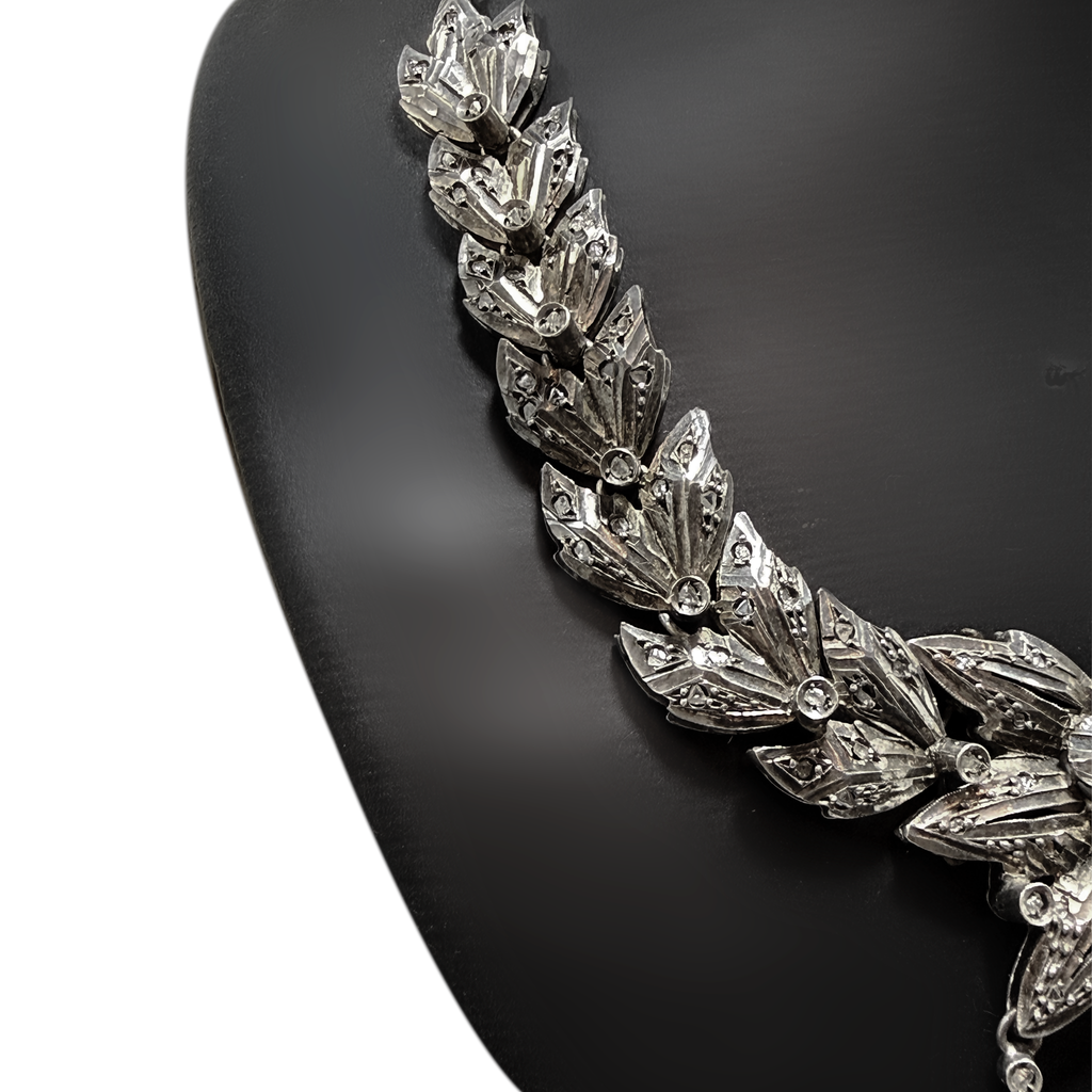 Antique Silver Floral Statement Necklace with Paste Stones