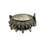 Antique Arabian silver hinged bangle with bell drops, reverse side view