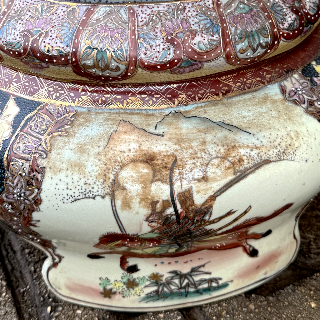 Detail of Satsuma vase showing millefiori ground with moriage gold enamel, butterflies and florals