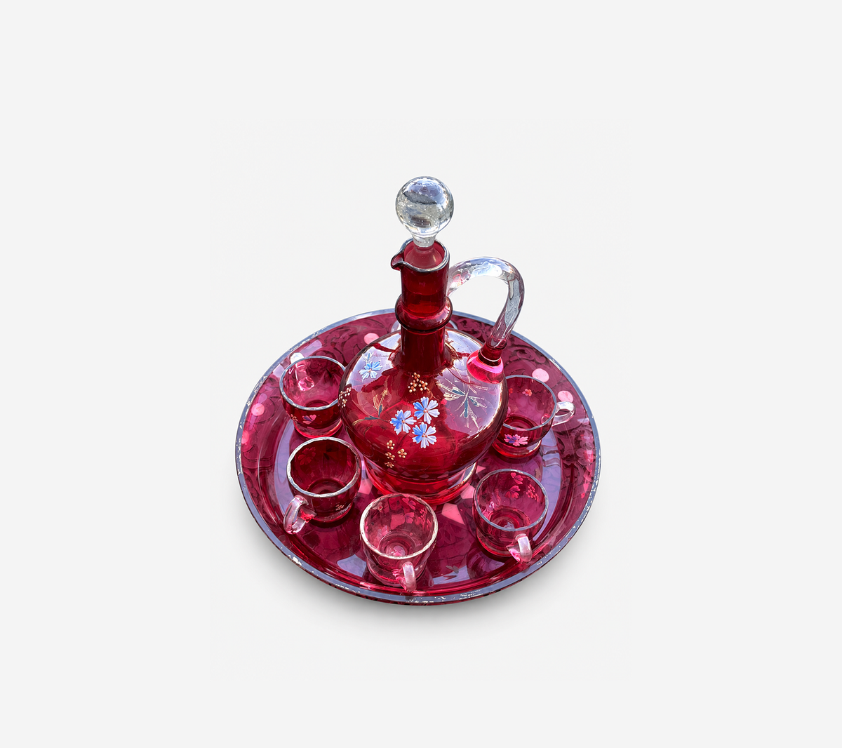 Vintage Ruby Red Verre Soufflé Decanter Set with 6 Cups & Tray