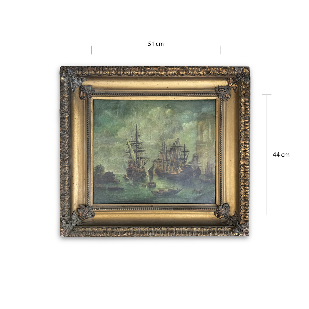 19th century maritime oil painting with overall dimensions: 51 × 44 cm