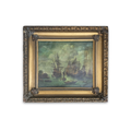 19th century maritime oil painting – harbour scene with tall ships, in gilt carved frame