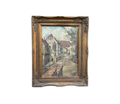 Vintage European Village Street Scene Painting in Ornate Gilt Frame