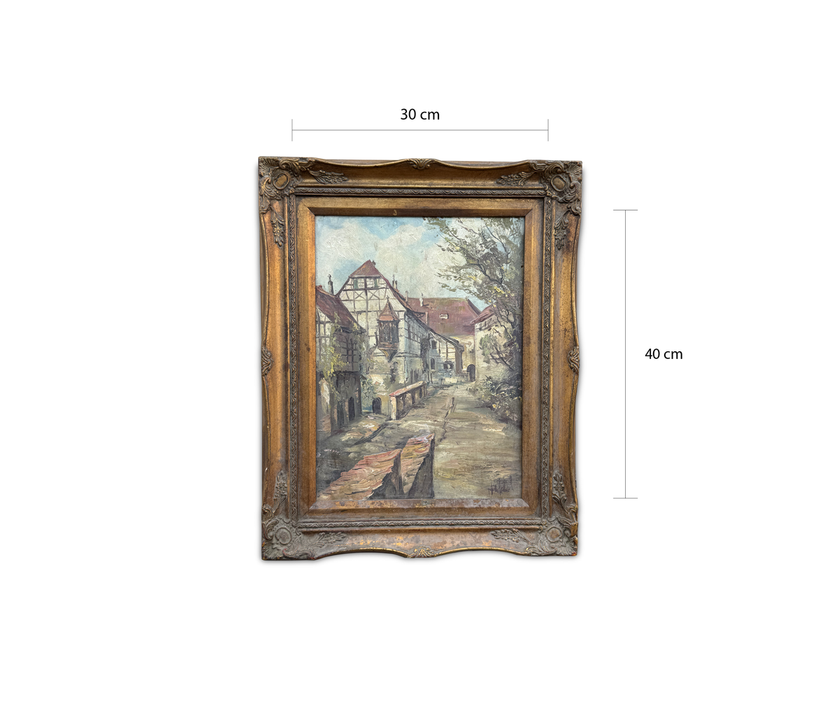 Vintage European Village Street Scene Painting in Ornate Gilt Frame