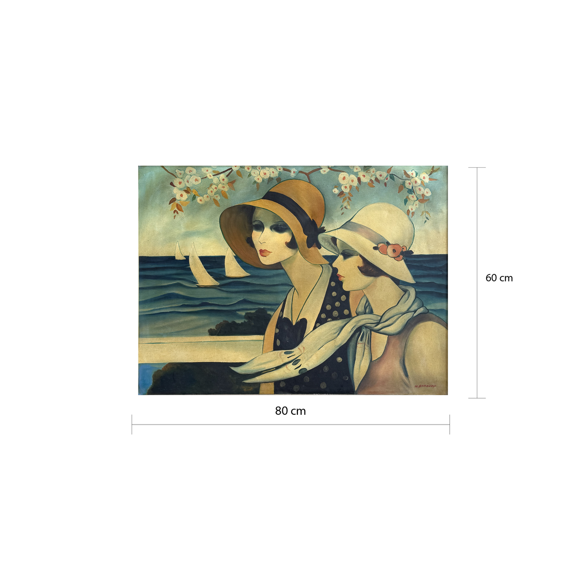 Vintage Art Deco Style Seaside Portrait, Signed M. Bernardo