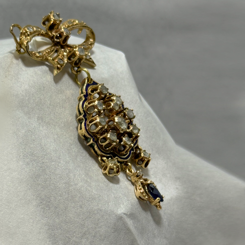 Antique 14K Gold Diamond & Blue Enamel Bow Pendant Brooch