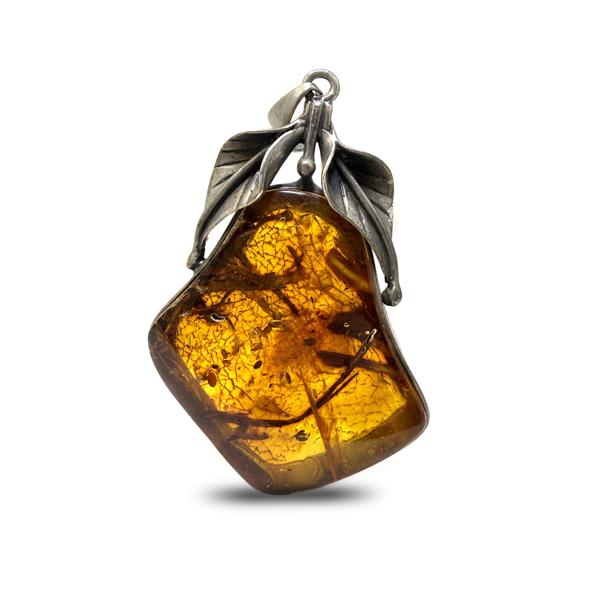 Natural Baltic Amber & Sterling Silver Leaf Pendant