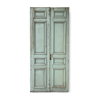 Large Antique Double Pine Wood Door  Raised Panel, Aged patinated turquoise green