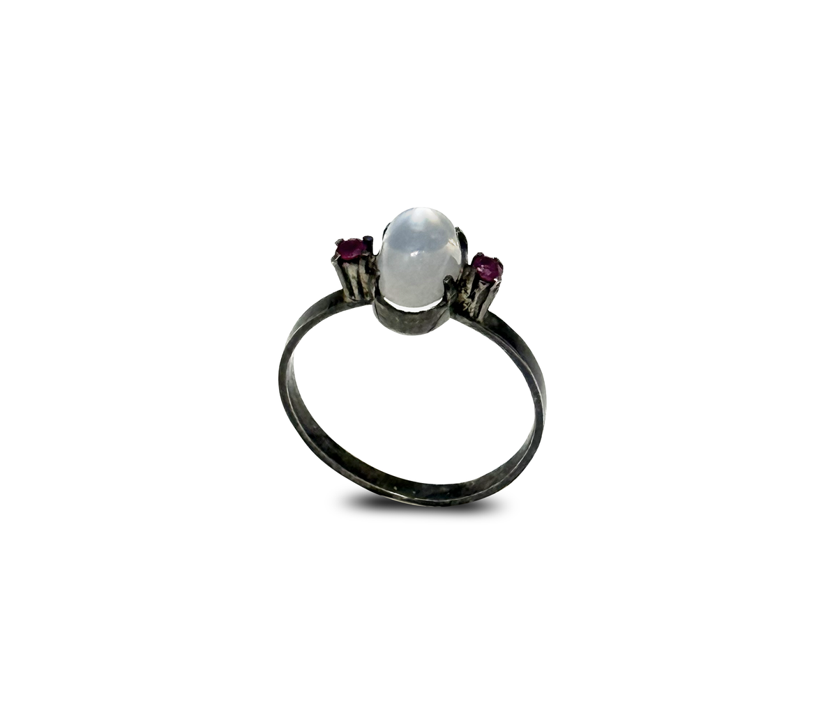 Vintage 925 Sterling Silver Moonstone & Ruby Set Ring