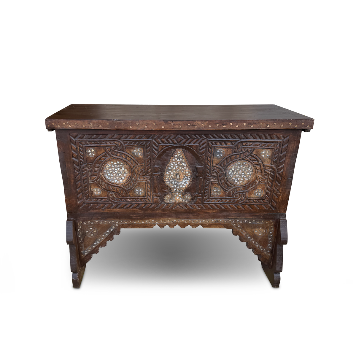 Antique Syrian walnut chest with mother-of-pearl inlay, front view