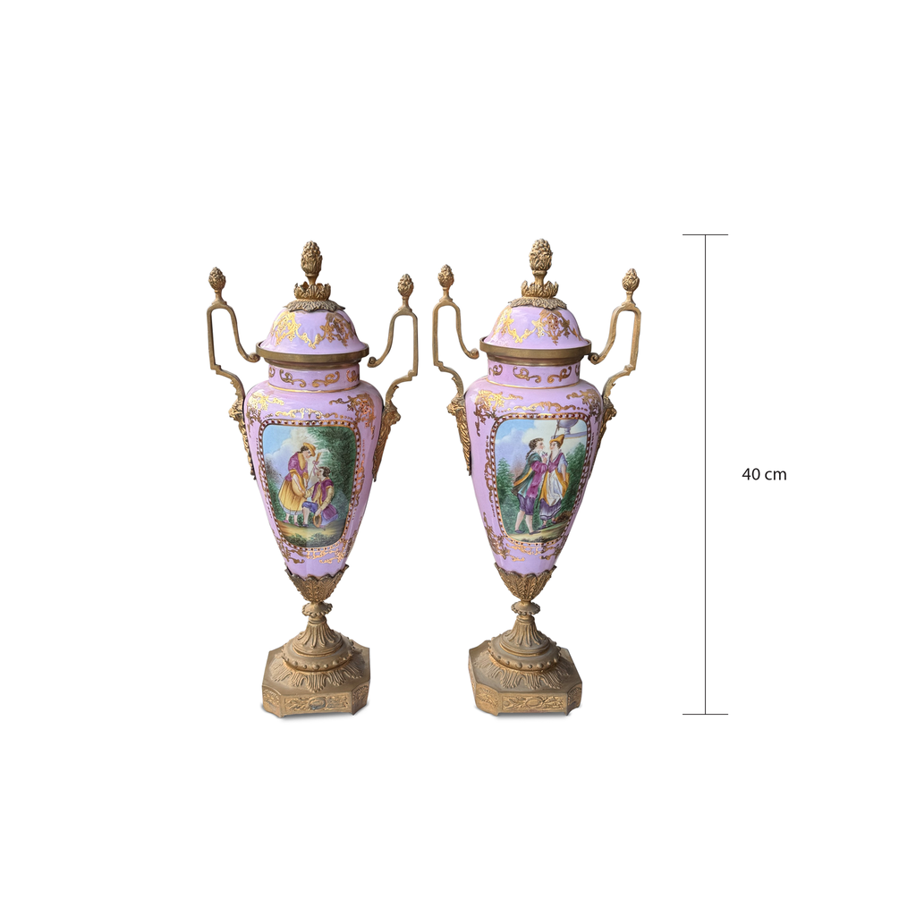 Pair of French Sèvres Style Pink Porcelain & Gilt Metal Covered Urns  Late 19th Century