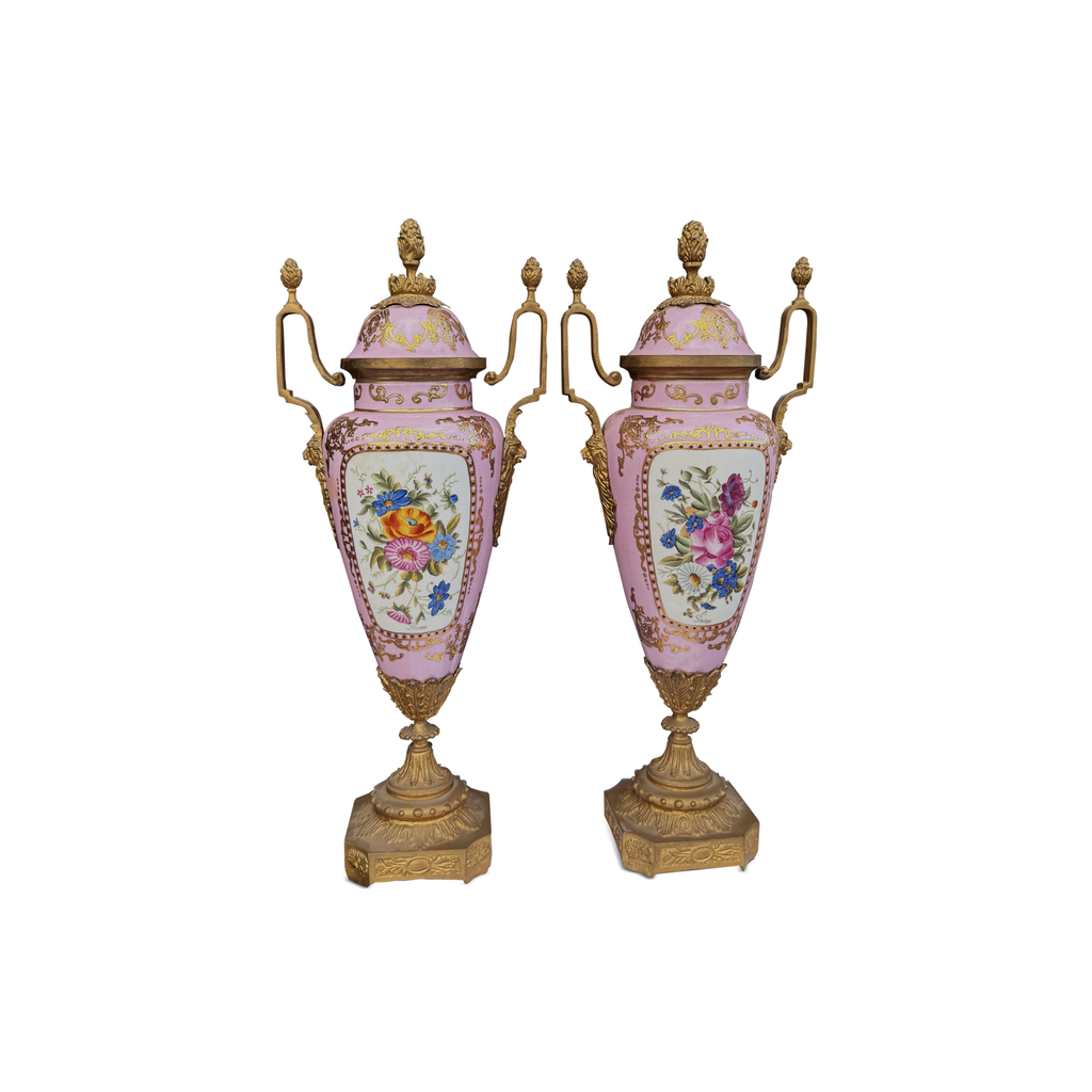 Pair of French Sèvres Style Pink Porcelain & Gilt Metal Covered Urns  Late 19th Century