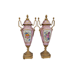 Pair of French Sèvres Style Pink Porcelain & Gilt Metal Covered Urns  Late 19th Century