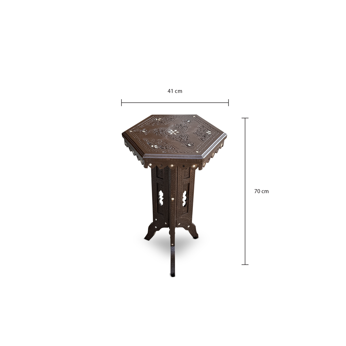 Hand Carved Hexagonal Wooden Side Table with Decorative Inlay