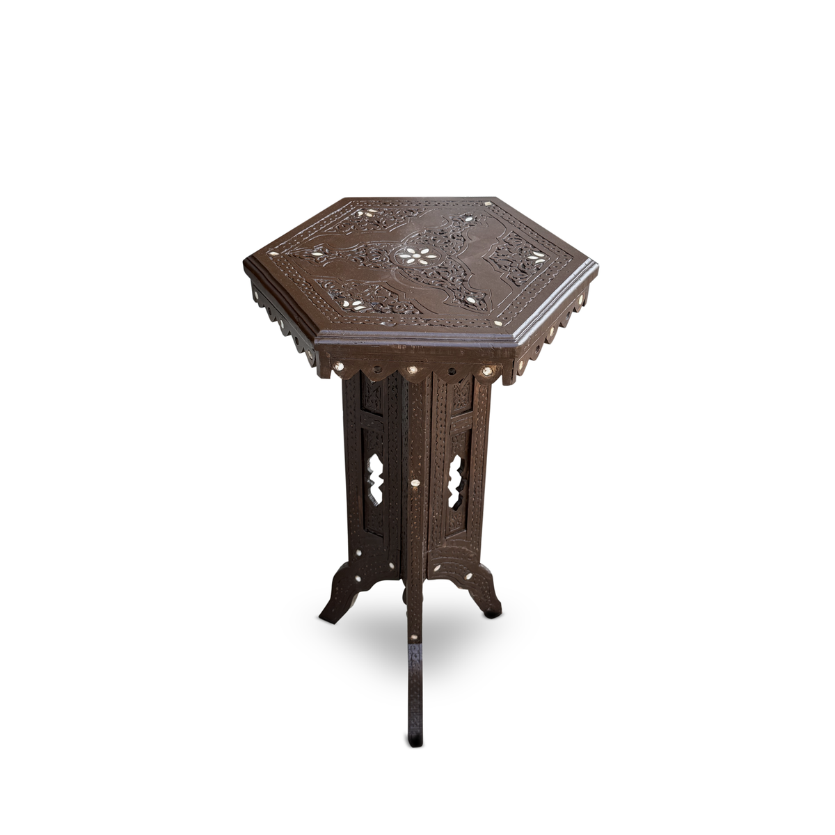 Hand Carved Hexagonal Wooden Side Table with Decorative Inlay