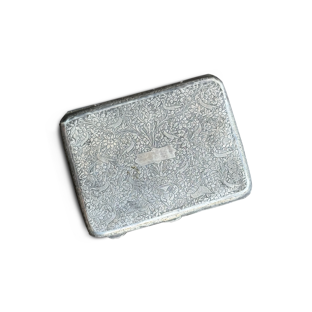 Antique Persian Silver Cigarette Case with Hand Engraved Figural & Floral Decoration, 84 Standard