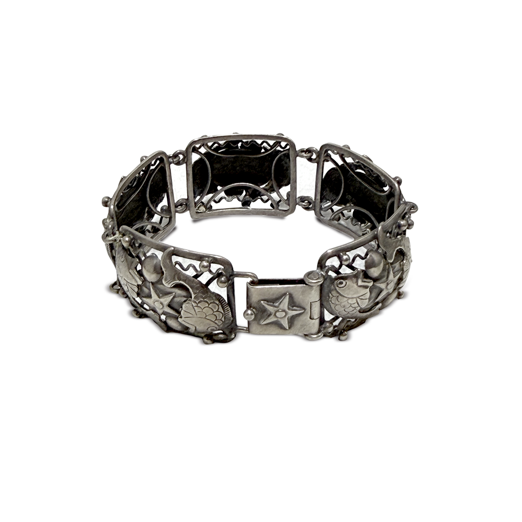 830 Silver Koi & Lotus Panel Bracelet Scandinavian, Early 20th C.