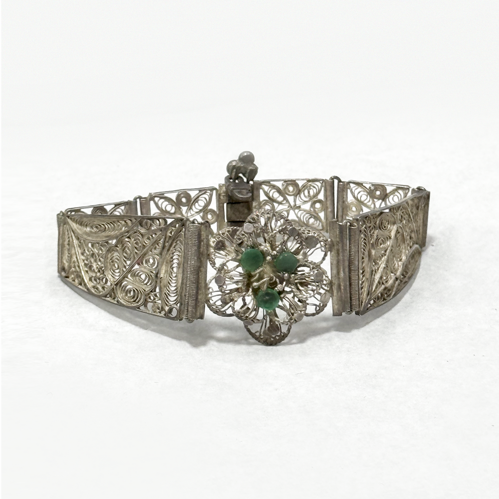 Vintage Silver Filigree Bracelet with Emerald Cabochons