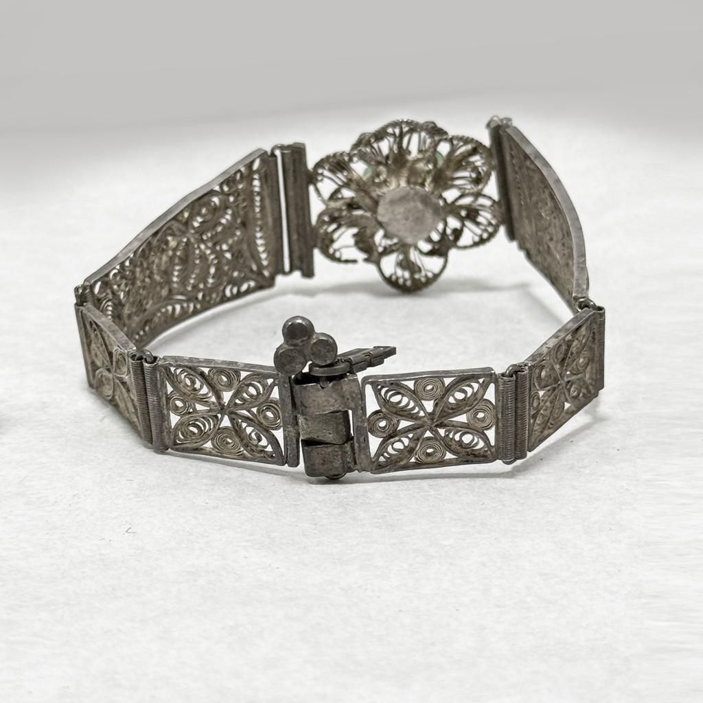Vintage Silver Filigree Bracelet with Emerald Cabochons