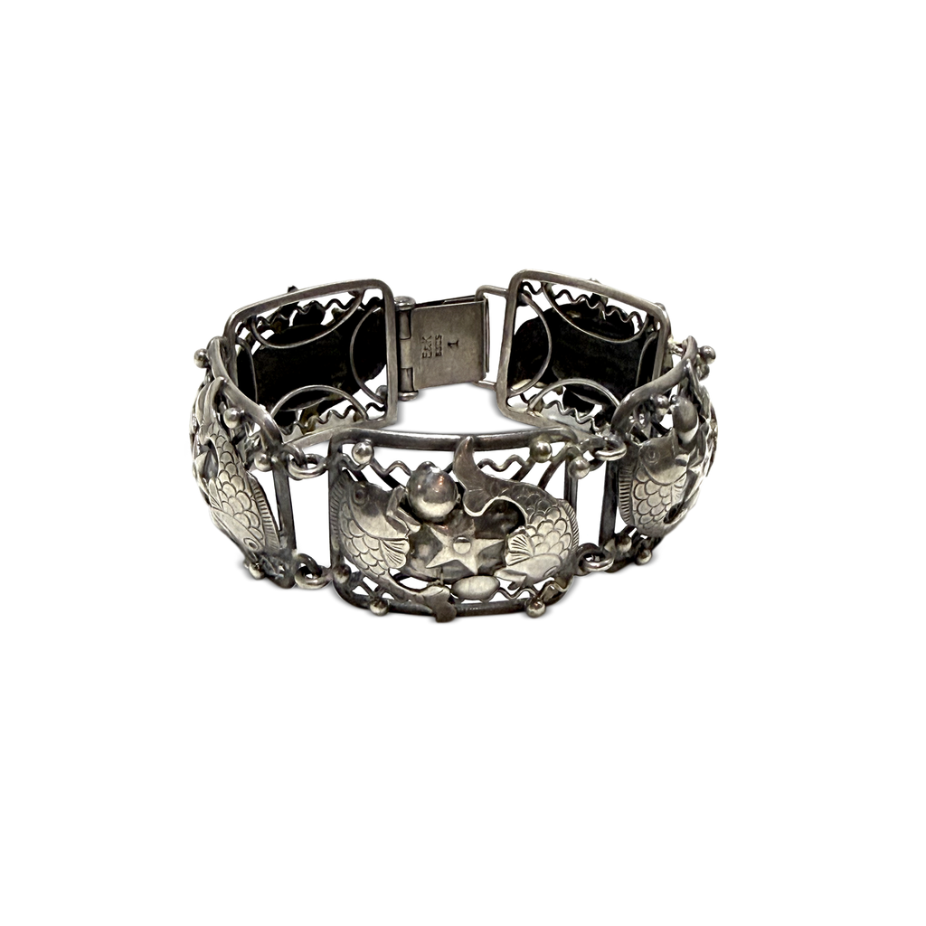 830 Silver Koi & Lotus Panel Bracelet Scandinavian, Early 20th C.
