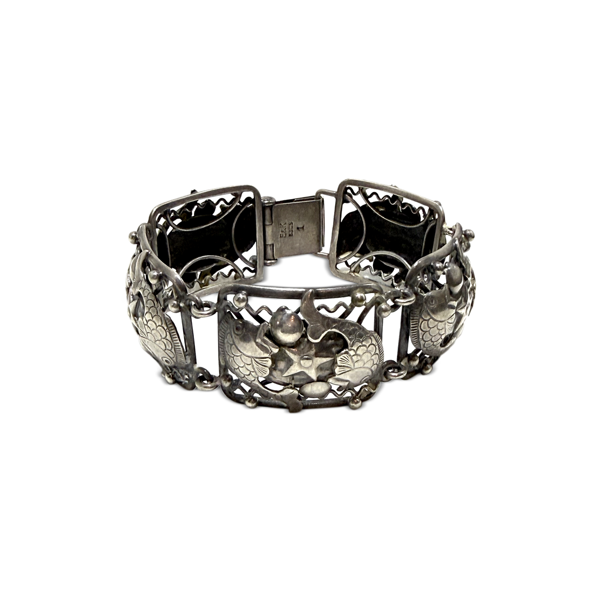 830 Silver Koi & Lotus Panel Bracelet Scandinavian, Early 20th C.