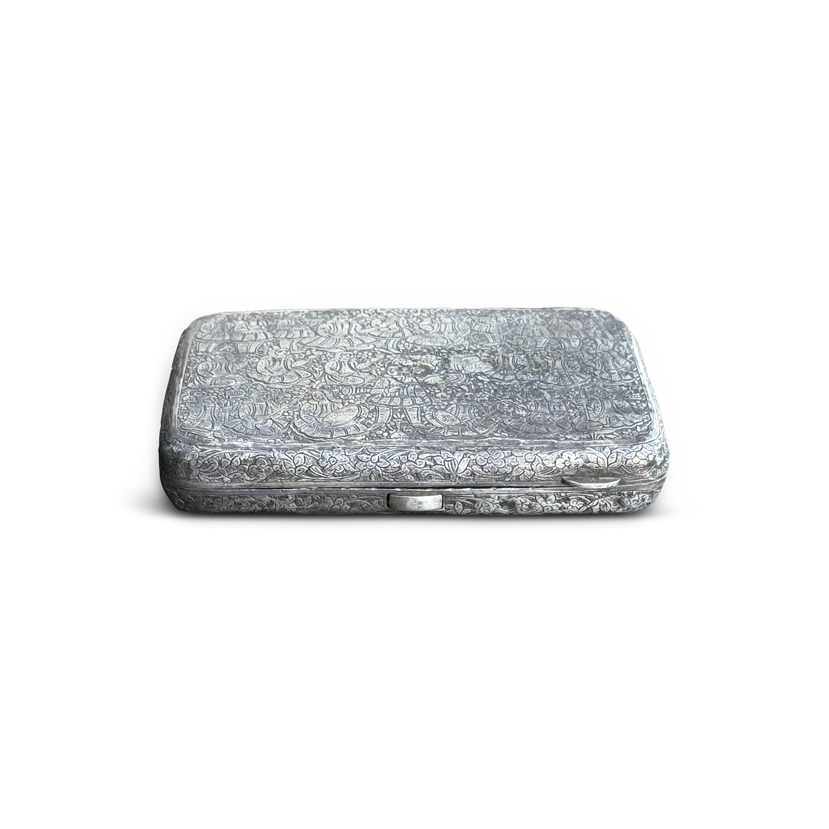 Antique Persian Silver Cigarette Case with Hand Engraved Figural & Floral Decoration, 84 Standard