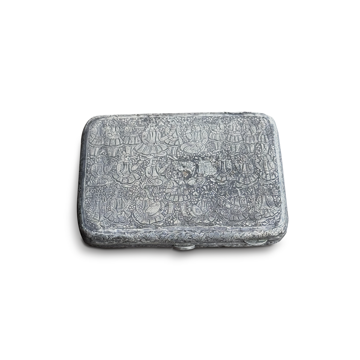 Antique Persian Silver Cigarette Case with Hand Engraved Figural & Floral Decoration, 84 Standard