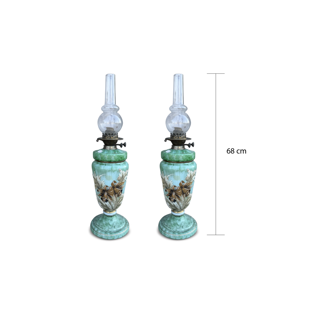 Antique French Opaline Glass Oil Lamp with Hand Painted Floral Decoration, c.1880–1900