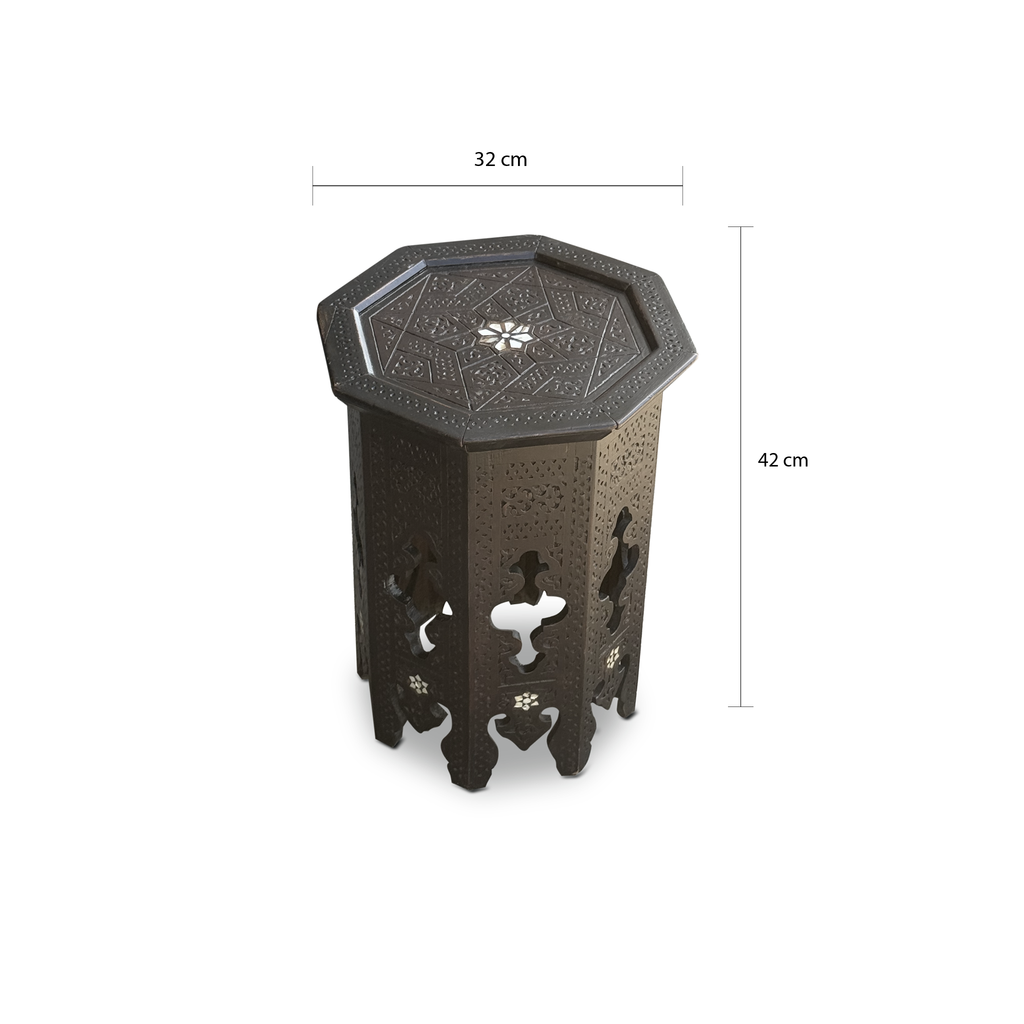 Syrian octagonal walnut side table with dimensions — 32 cm wide, 42 cm tall