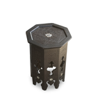 Syrian octagonal walnut side table with geometric arabesque carving and mother-of-pearl inlay