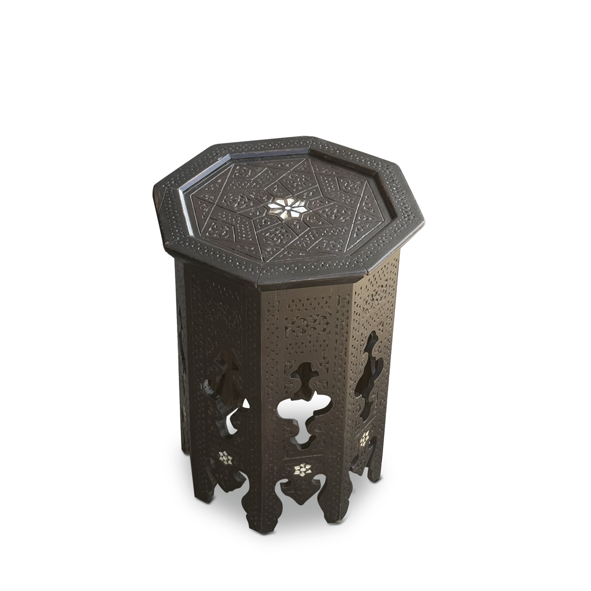 Syrian octagonal walnut side table with geometric arabesque carving and mother-of-pearl inlay