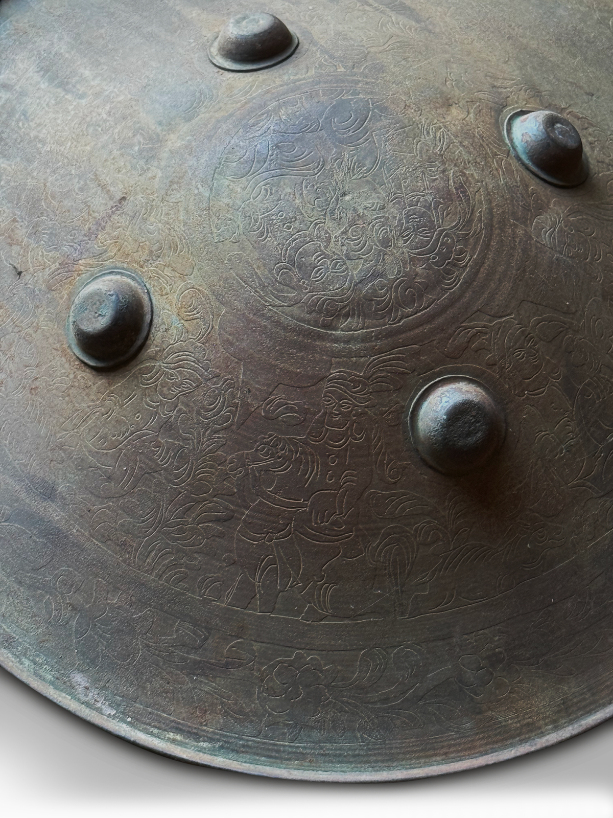 Antique Engraved Steel Dhal / Sipar Shield with Four Bosses. 48 cm