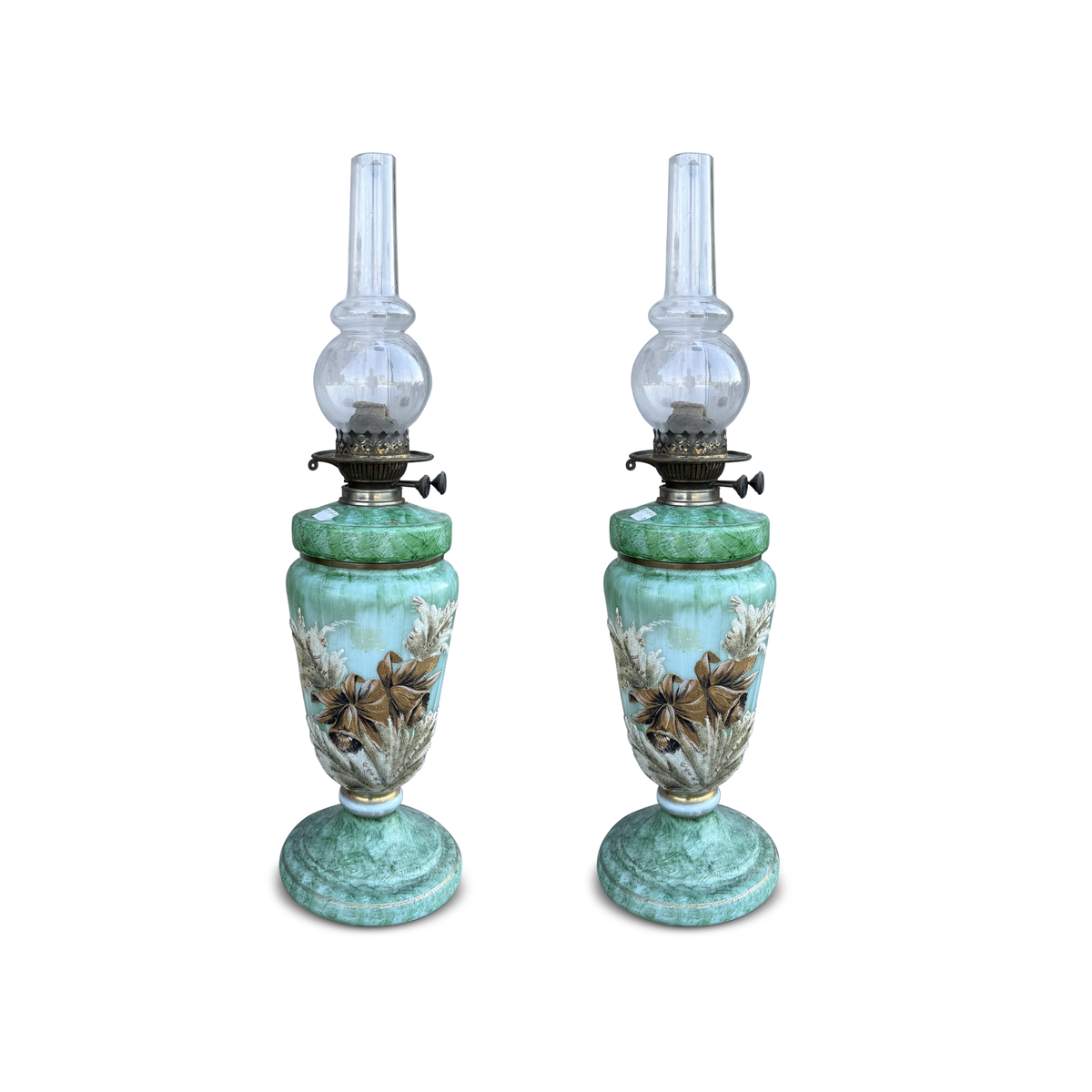Antique French Opaline Glass Oil Lamp with Hand Painted Floral Decoration, c.1880–1900