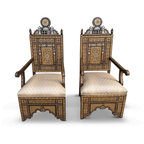 Vintage Syrian Damascene Armchairs with Mother of Pearl Inlay & Intricate Wood Marquetry