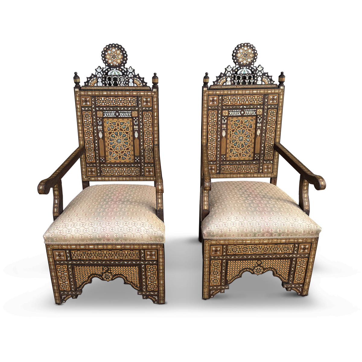 Vintage Syrian Damascene Armchairs with Mother of Pearl Inlay & Intricate Wood Marquetry