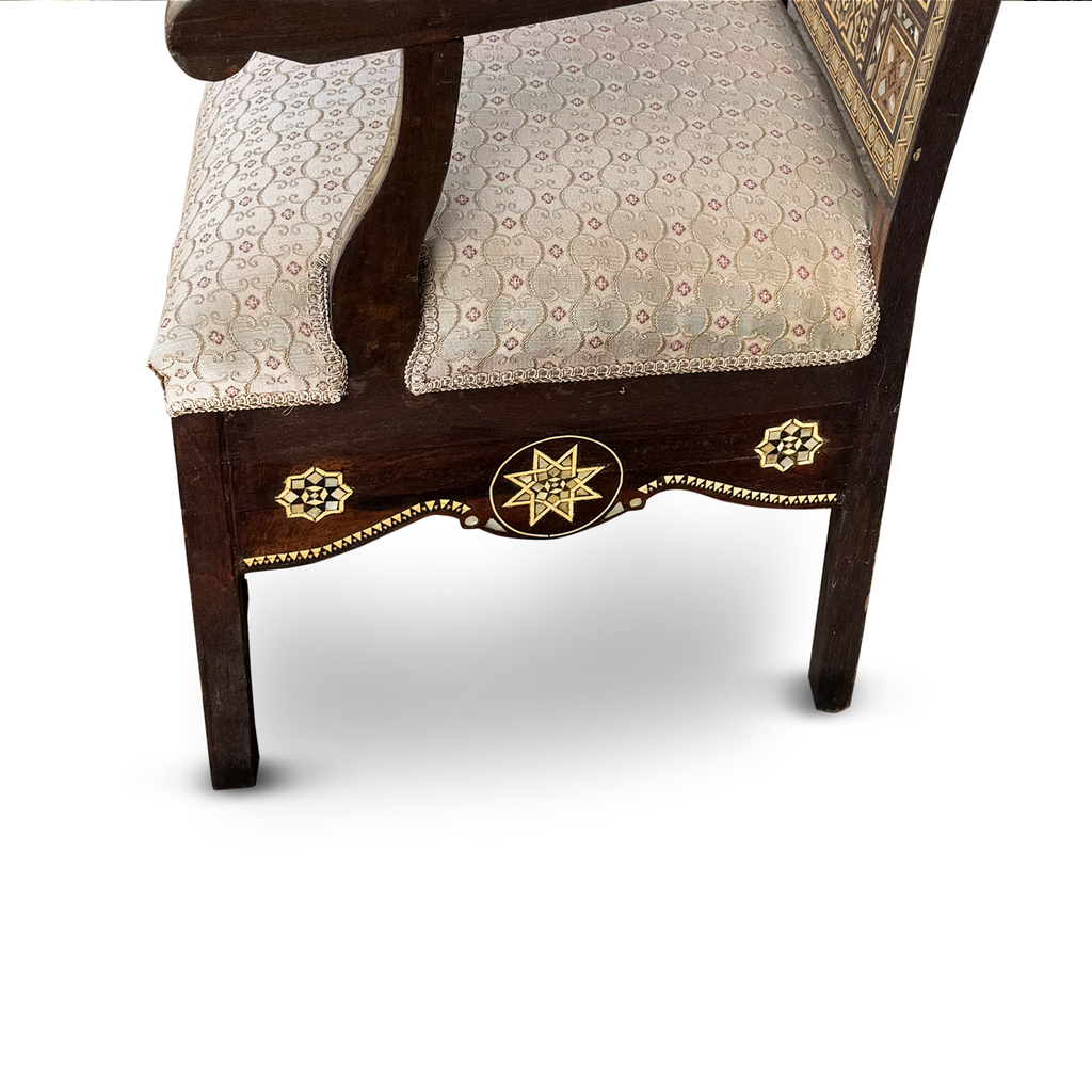 Vintage Syrian Damascene Armchairs with Mother of Pearl Inlay & Intricate Wood Marquetry