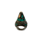 Antique Central Asian conical ring with turquoise inlay, angled front view