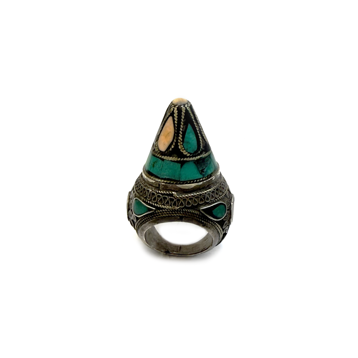 Antique Central Asian conical ring with turquoise inlay, angled front view