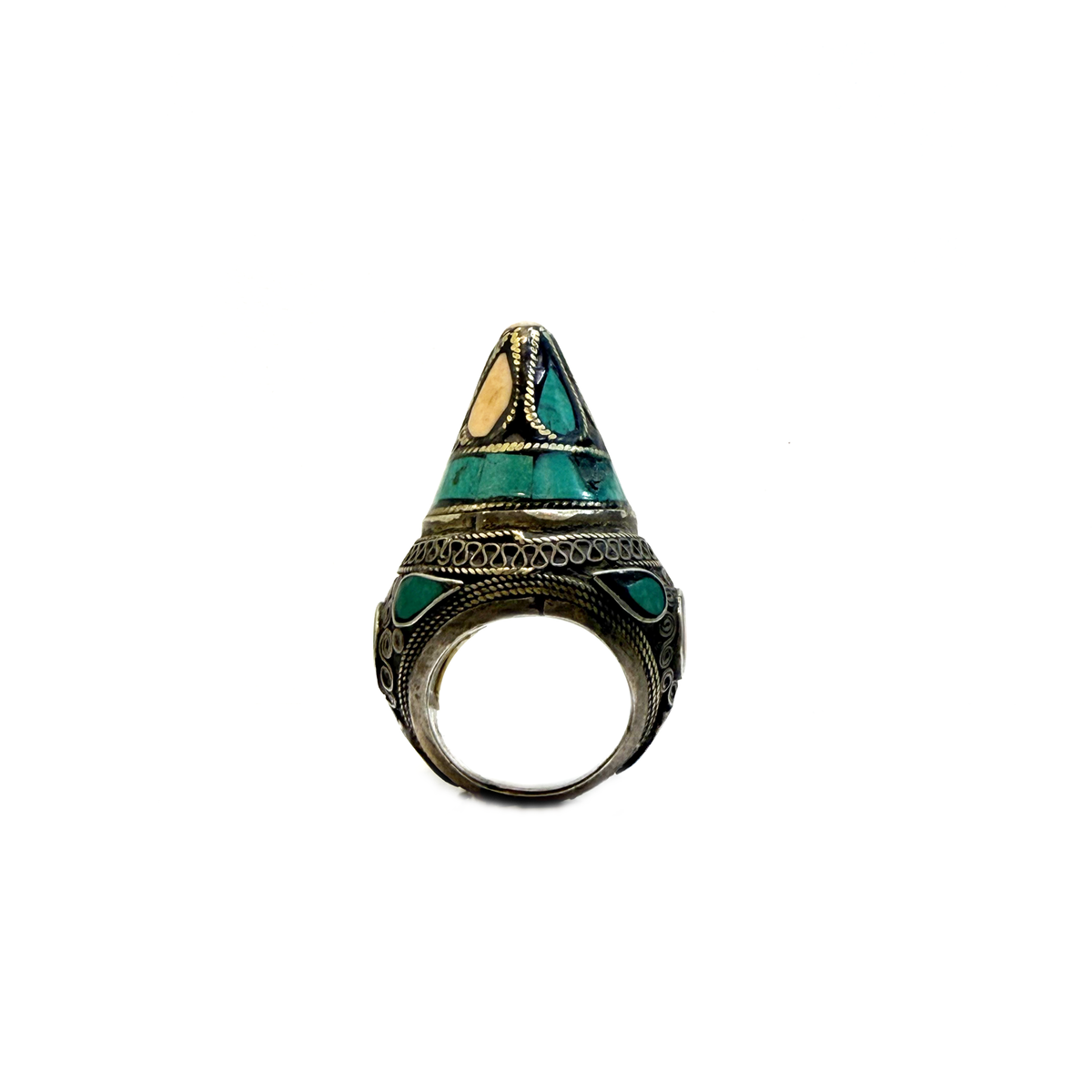 Antique Central Asian conical ring with turquoise inlay, front view
