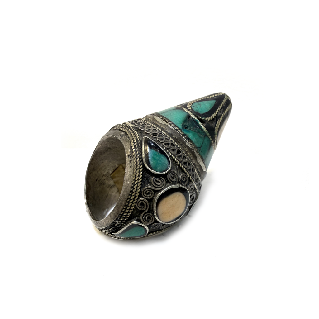 Antique Central Asian conical ring with turquoise inlay, interior shank view